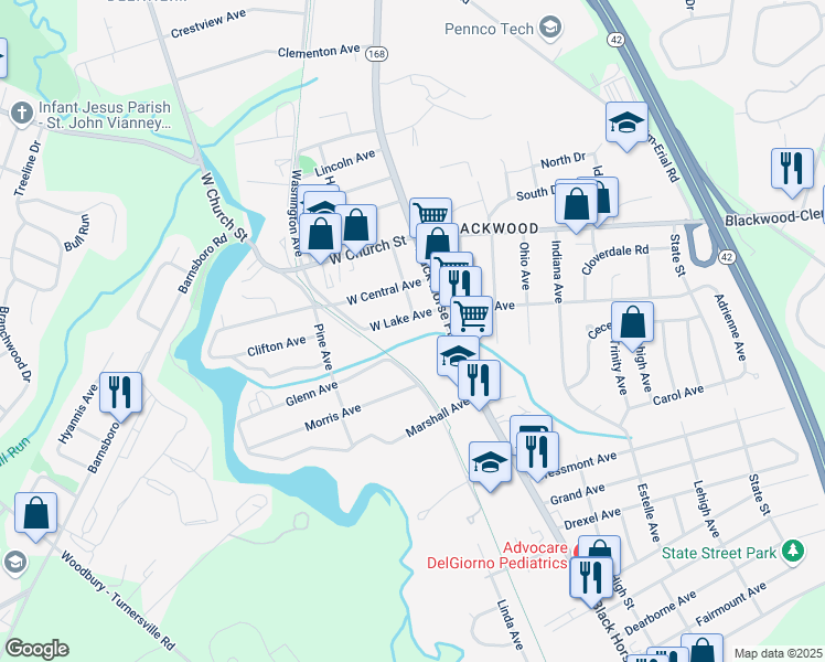 map of restaurants, bars, coffee shops, grocery stores, and more near 26 West Lake Avenue in Gloucester Township