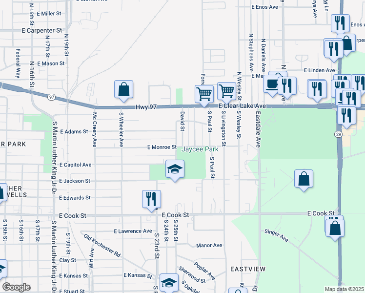 map of restaurants, bars, coffee shops, grocery stores, and more near 2317 East Monroe Street in Springfield