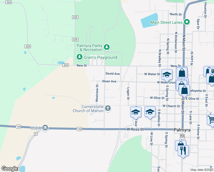 map of restaurants, bars, coffee shops, grocery stores, and more near 113 South Breckenridge Avenue in Palmyra