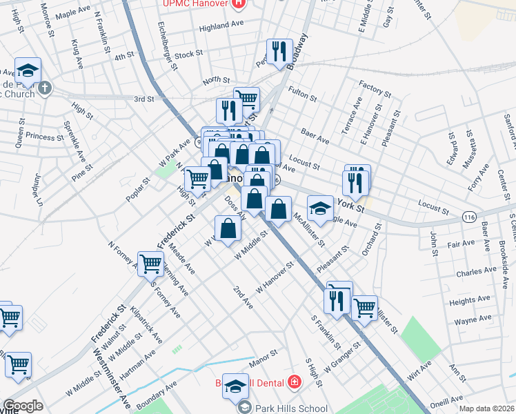 map of restaurants, bars, coffee shops, grocery stores, and more near 110 Baltimore Street in Hanover