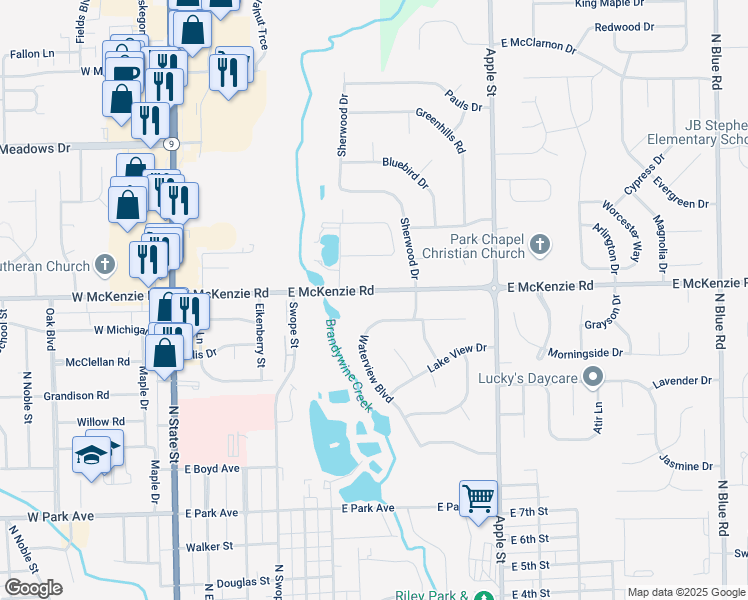map of restaurants, bars, coffee shops, grocery stores, and more near 711 E McKenzie Rd in Greenfield