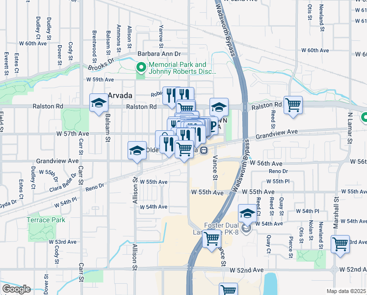 map of restaurants, bars, coffee shops, grocery stores, and more near 5610 Yukon Street in Arvada