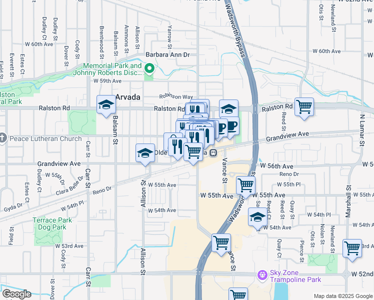 map of restaurants, bars, coffee shops, grocery stores, and more near 5610 Yukon Street in Arvada