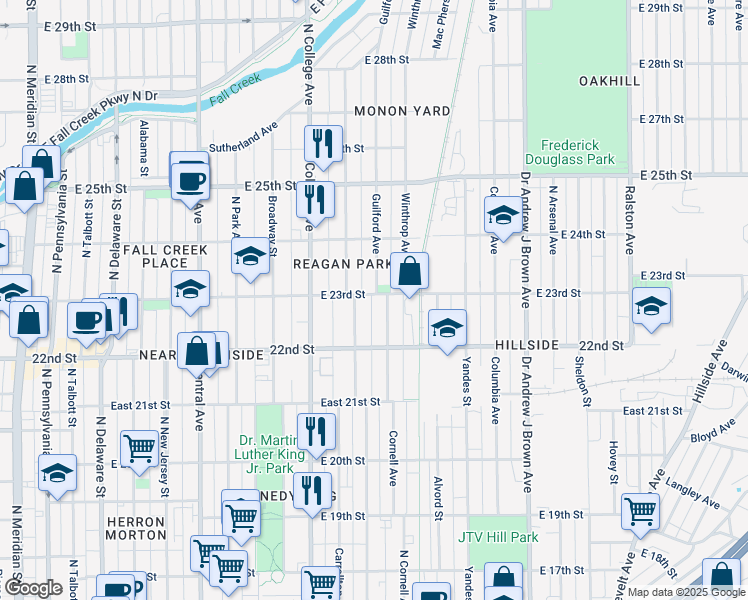 map of restaurants, bars, coffee shops, grocery stores, and more near 817 East 23rd Street in Indianapolis