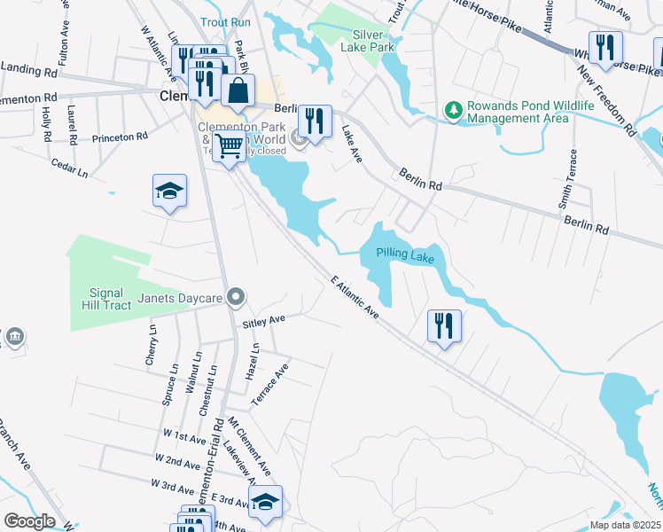 map of restaurants, bars, coffee shops, grocery stores, and more near 123 East Atlantic Avenue in Clementon