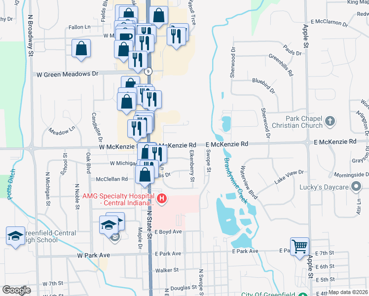 map of restaurants, bars, coffee shops, grocery stores, and more near 209 East McKenzie Road in Greenfield