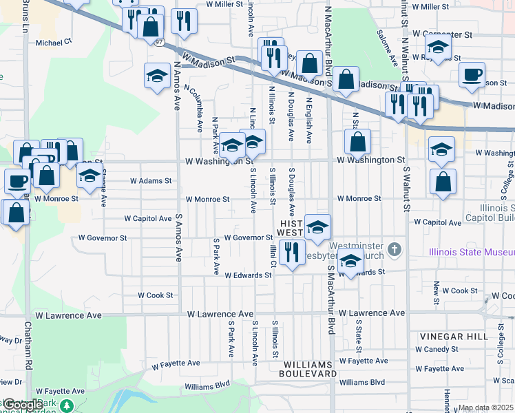map of restaurants, bars, coffee shops, grocery stores, and more near 310 South Lincoln Avenue in Springfield