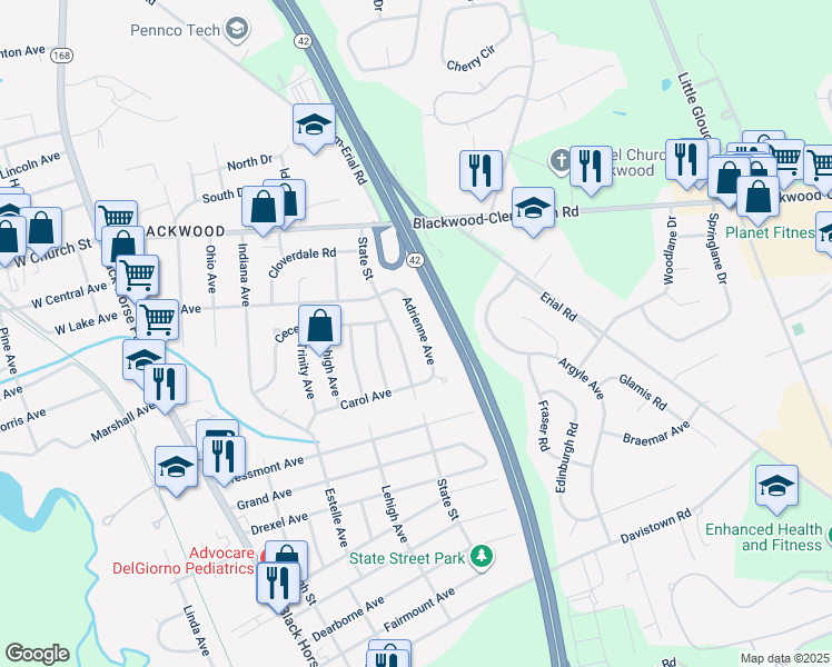 map of restaurants, bars, coffee shops, grocery stores, and more near 115 State Street in Camden County