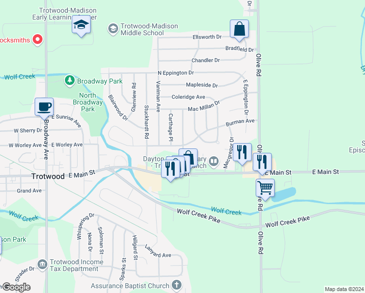 map of restaurants, bars, coffee shops, grocery stores, and more near 300 Carthage Place in Dayton