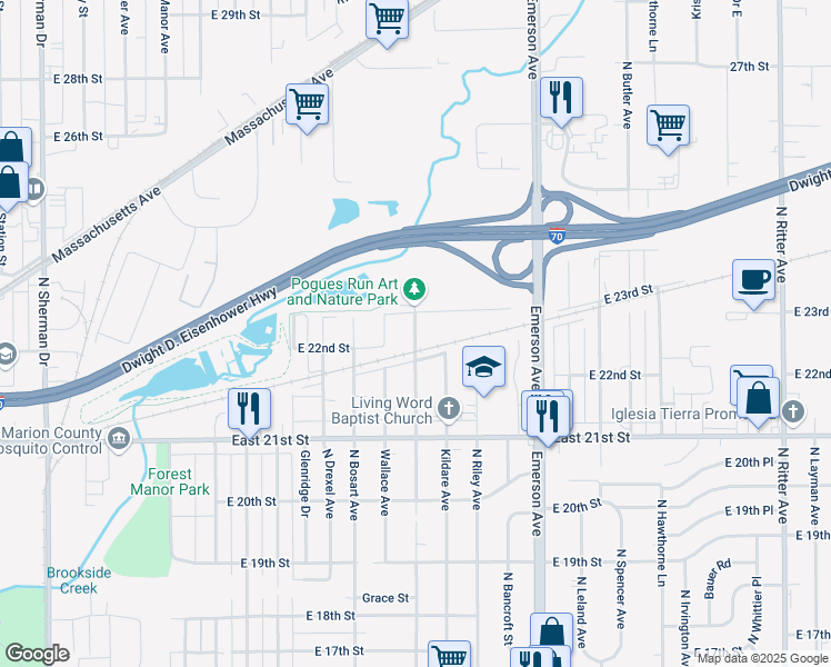 map of restaurants, bars, coffee shops, grocery stores, and more near 2251 Dequincy Street in Indianapolis