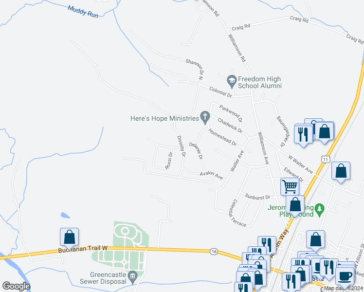 map of restaurants, bars, coffee shops, grocery stores, and more near Delanie Drive in Greencastle