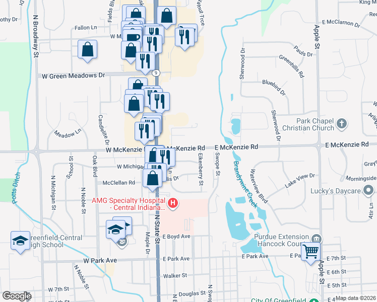 map of restaurants, bars, coffee shops, grocery stores, and more near 209 East McKenzie Road in Greenfield