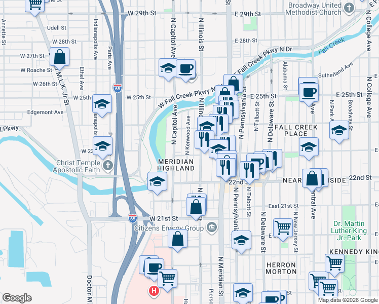 map of restaurants, bars, coffee shops, grocery stores, and more near 2315 North Kenwood Avenue in Indianapolis