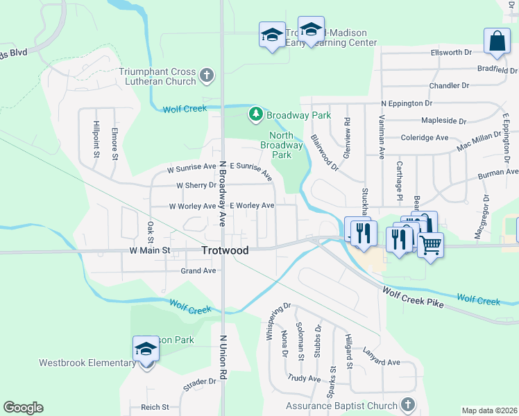 map of restaurants, bars, coffee shops, grocery stores, and more near 103 East Worley Avenue in Trotwood