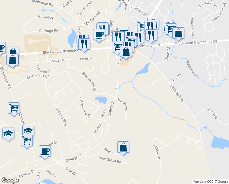 map of restaurants, bars, coffee shops, grocery stores, and more near 1611 Huntingdon Mews in Clementon