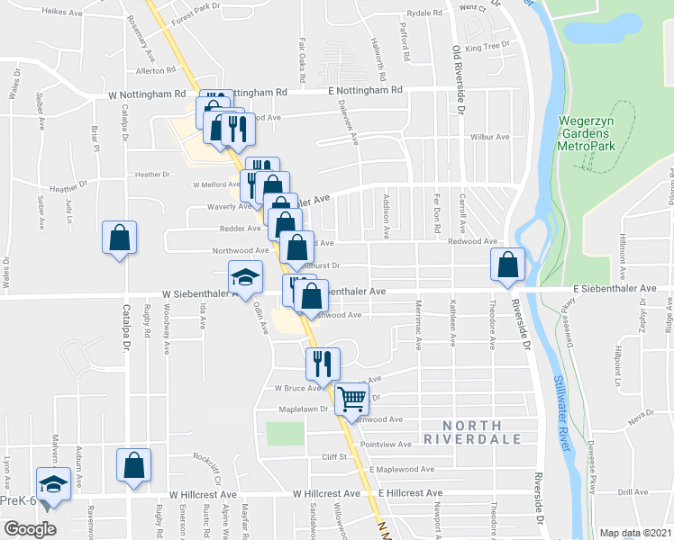map of restaurants, bars, coffee shops, grocery stores, and more near 66 Sandhurst Drive in Dayton