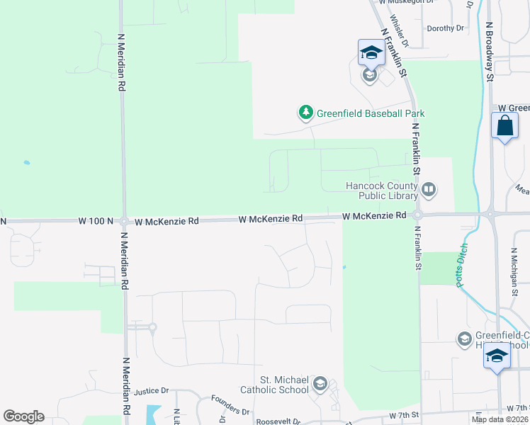 map of restaurants, bars, coffee shops, grocery stores, and more near 1500 West McKenzie Road in Greenfield