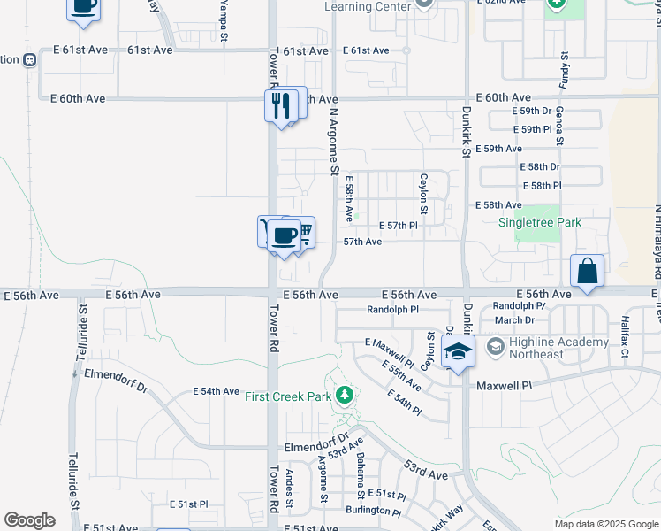 map of restaurants, bars, coffee shops, grocery stores, and more near Argonne Street in Denver
