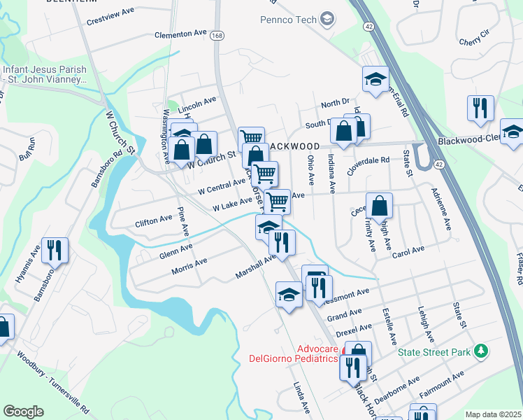 map of restaurants, bars, coffee shops, grocery stores, and more near 210 South Black Horse Pike in Camden County