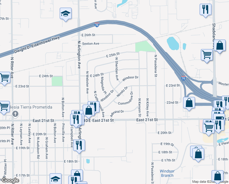 map of restaurants, bars, coffee shops, grocery stores, and more near 2260 Barnor Drive in Indianapolis