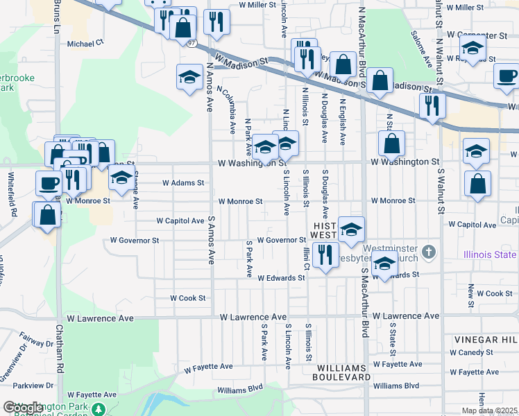 map of restaurants, bars, coffee shops, grocery stores, and more near 1230 West Monroe Street in Springfield