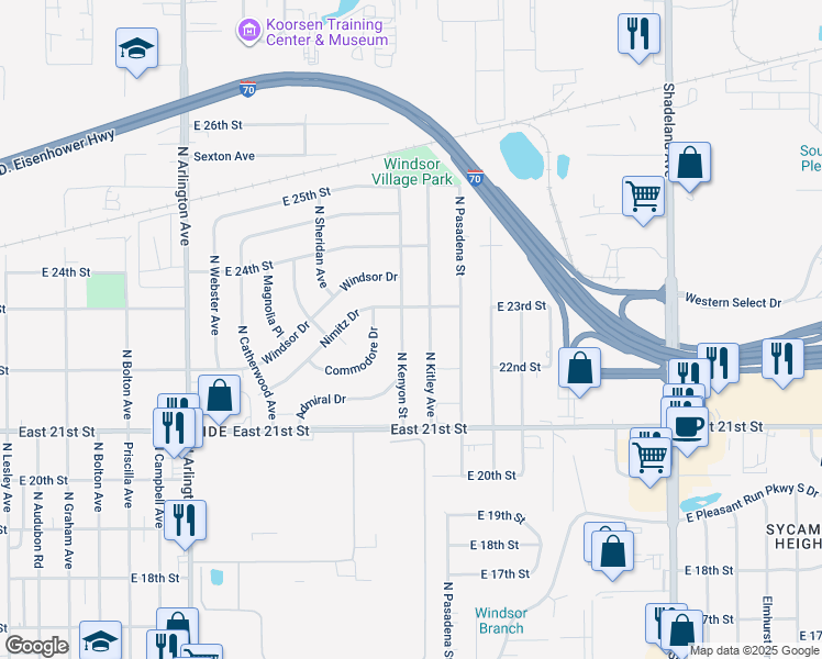 map of restaurants, bars, coffee shops, grocery stores, and more near 2222 North Kitley Avenue in Indianapolis
