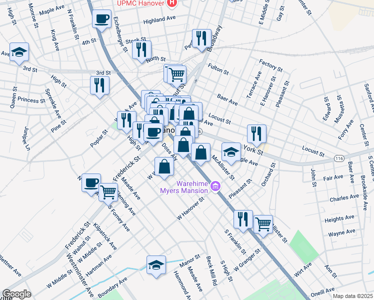 map of restaurants, bars, coffee shops, grocery stores, and more near 108 Baltimore Street in Hanover