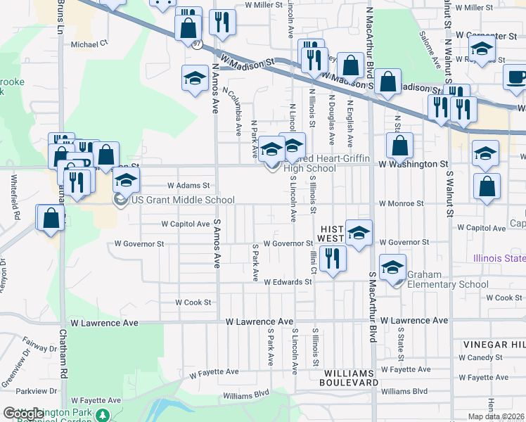 map of restaurants, bars, coffee shops, grocery stores, and more near 1230 West Monroe Street in Springfield