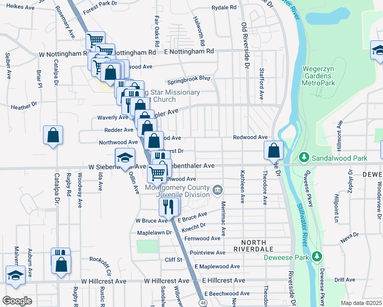 map of restaurants, bars, coffee shops, grocery stores, and more near 120 Sandhurst Drive in Dayton