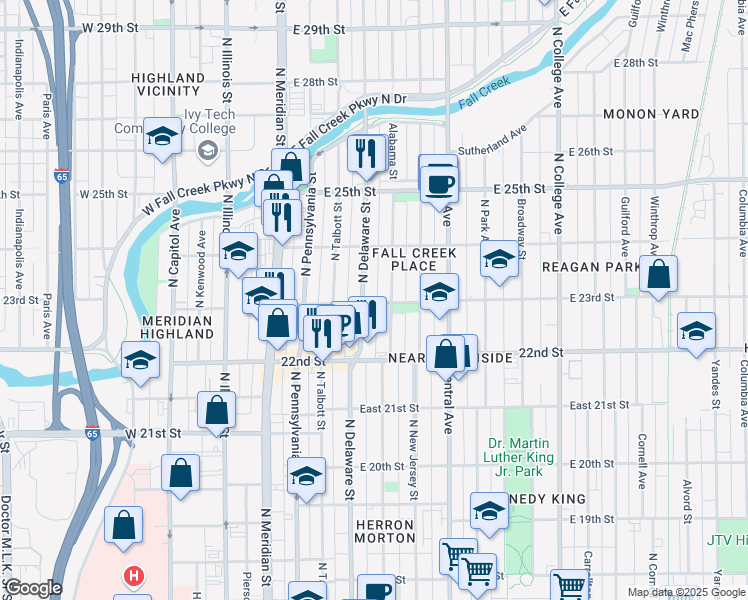 map of restaurants, bars, coffee shops, grocery stores, and more near 230 East 23rd Street in Indianapolis