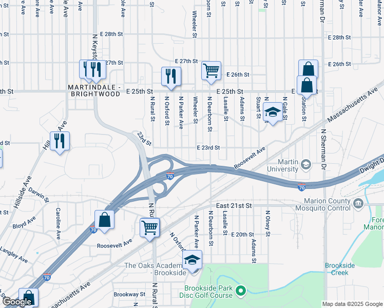 map of restaurants, bars, coffee shops, grocery stores, and more near 2258 Wheeler Street in Indianapolis