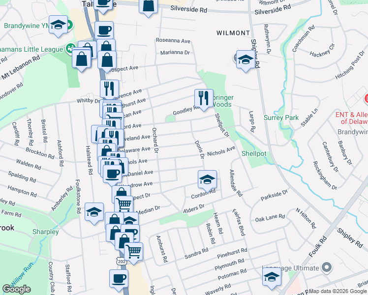 map of restaurants, bars, coffee shops, grocery stores, and more near 322 Delaware Avenue in Wilmington