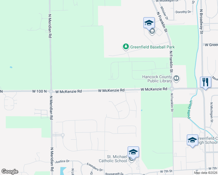 map of restaurants, bars, coffee shops, grocery stores, and more near 1500 West McKenzie Road in Greenfield