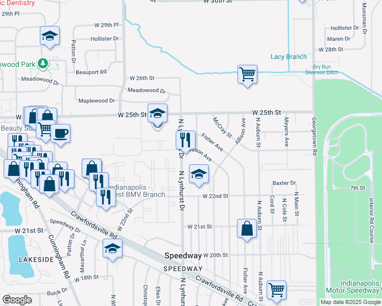map of restaurants, bars, coffee shops, grocery stores, and more near 2342 Winton Avenue in Speedway