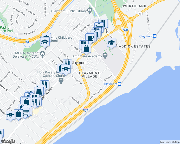 map of restaurants, bars, coffee shops, grocery stores, and more near 413 Mallard Circle in Claymont