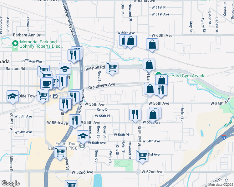 map of restaurants, bars, coffee shops, grocery stores, and more near 6765 West 56th Avenue in Arvada