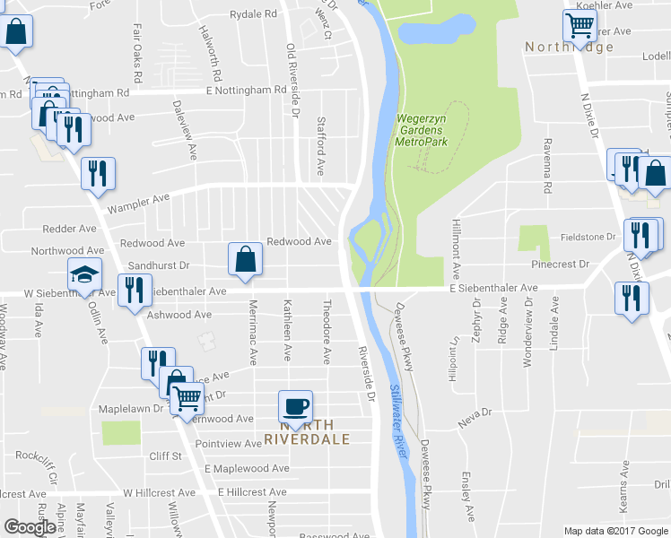 map of restaurants, bars, coffee shops, grocery stores, and more near 3625 Riverside Drive in Dayton