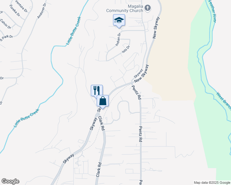 map of restaurants, bars, coffee shops, grocery stores, and more near 9268 Skyway in Paradise