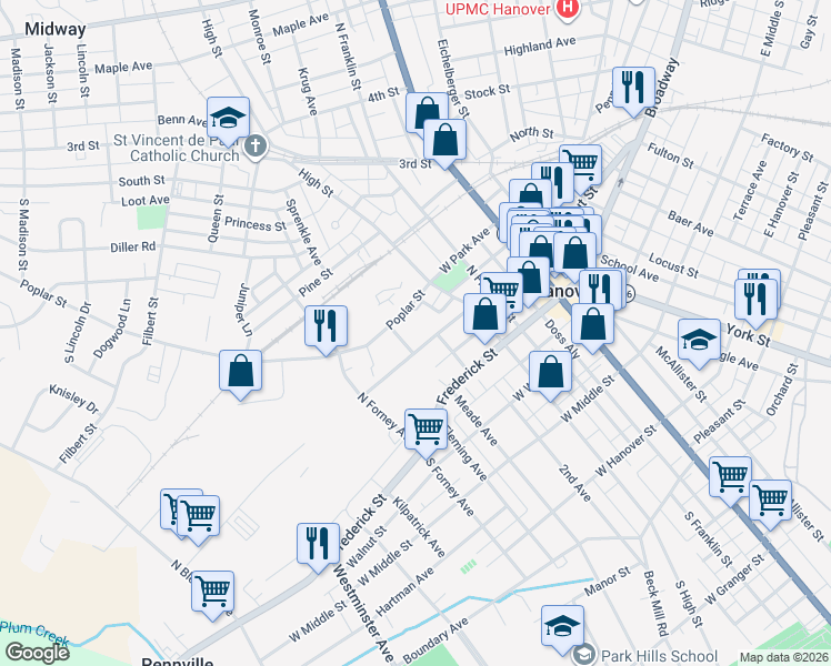 map of restaurants, bars, coffee shops, grocery stores, and more near 240 West Chestnut Street in Hanover