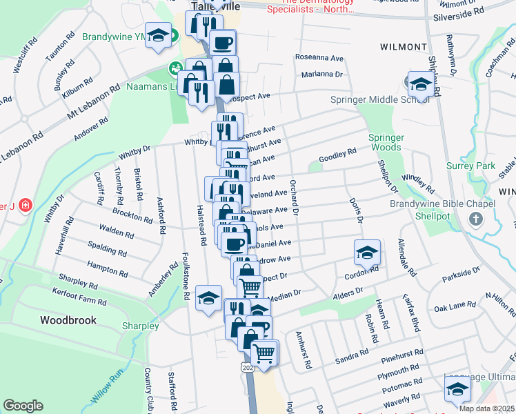 map of restaurants, bars, coffee shops, grocery stores, and more near 105 Delaware Avenue in Wilmington
