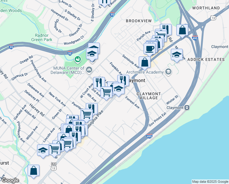 map of restaurants, bars, coffee shops, grocery stores, and more near 3207 Philadelphia Pike in Claymont