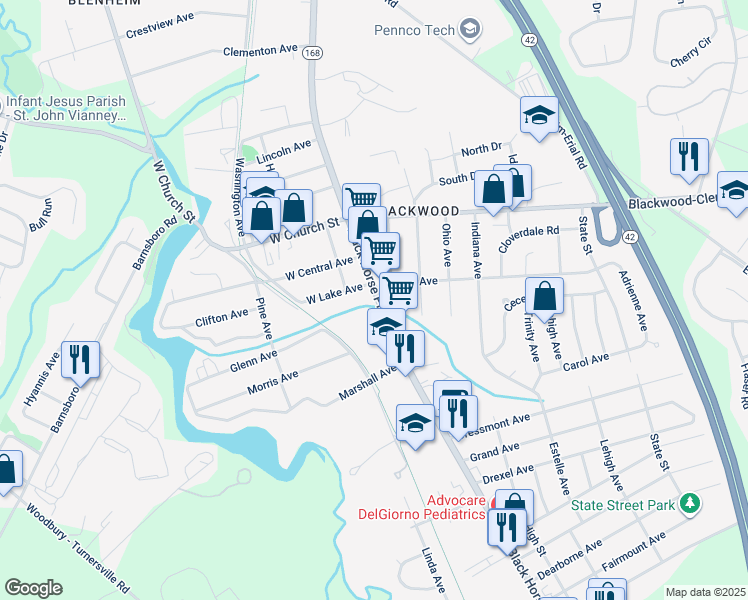 map of restaurants, bars, coffee shops, grocery stores, and more near 210 South Black Horse Pike in Camden County