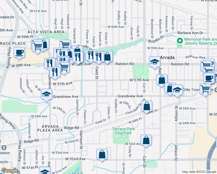 map of restaurants, bars, coffee shops, grocery stores, and more near 5650 Everett Street in Arvada