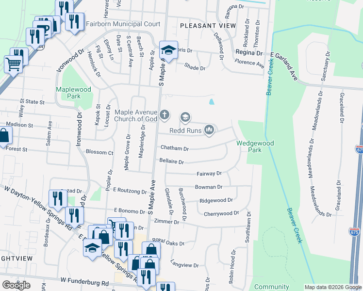 map of restaurants, bars, coffee shops, grocery stores, and more near 263 Chatham Drive in Fairborn