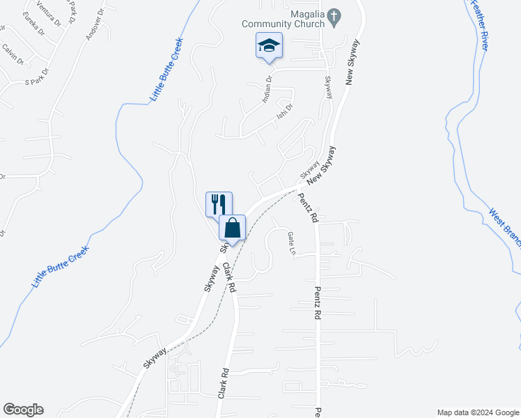 map of restaurants, bars, coffee shops, grocery stores, and more near 9268 Skyway in Paradise