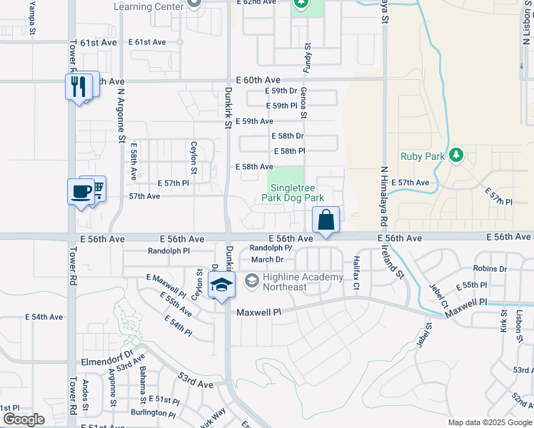 map of restaurants, bars, coffee shops, grocery stores, and more near 18901-19181 East 56th Avenue in Aurora