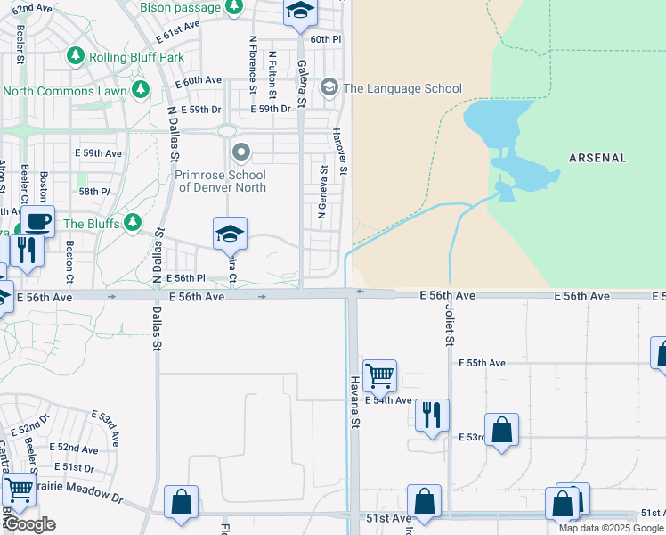 map of restaurants, bars, coffee shops, grocery stores, and more near 5667 Hanover Street in Denver