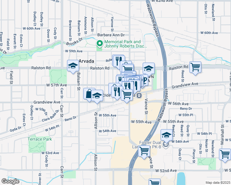 map of restaurants, bars, coffee shops, grocery stores, and more near 5617 Yarrow Street in Arvada