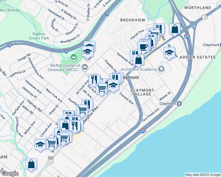map of restaurants, bars, coffee shops, grocery stores, and more near 3207 Philadelphia Pike in Claymont