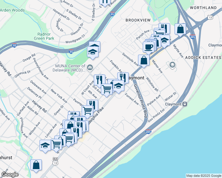 map of restaurants, bars, coffee shops, grocery stores, and more near 101 Commonwealth Avenue in Claymont